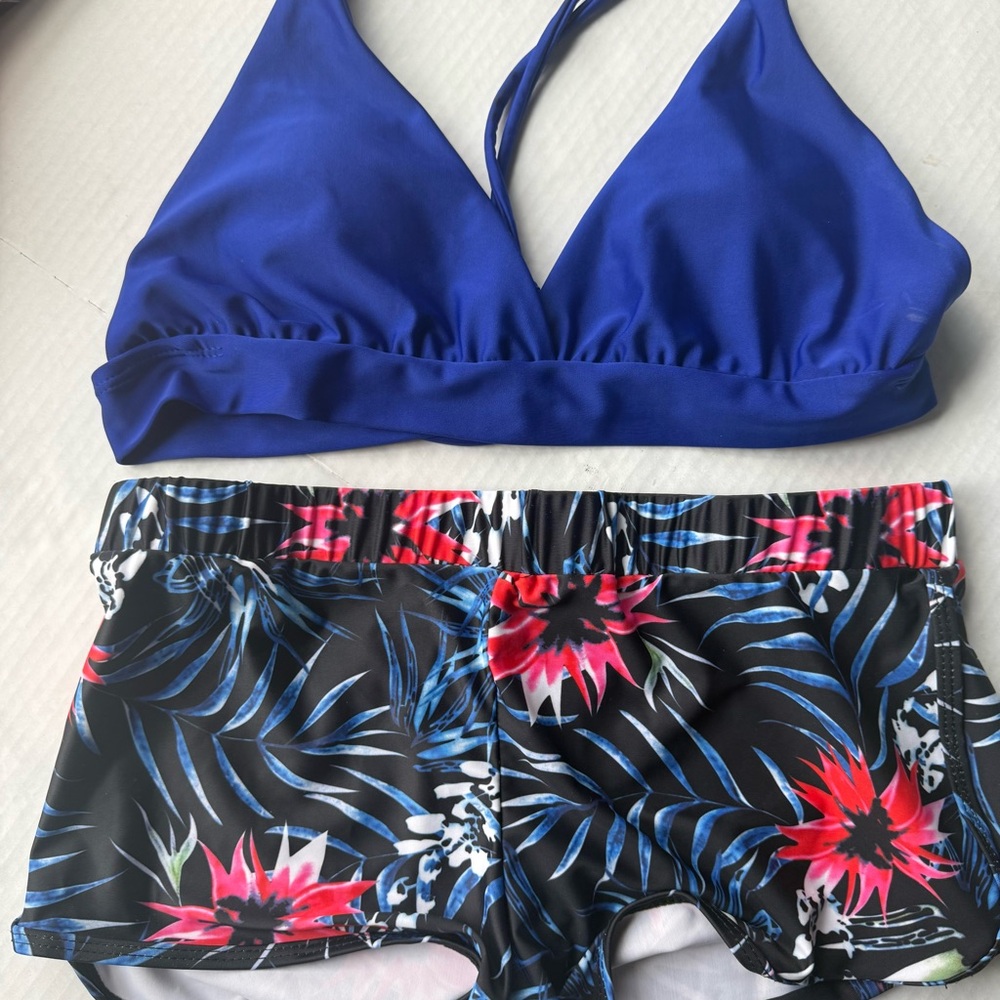 Royal Blue Bikini Top with Tropical Floral Swim Shorts